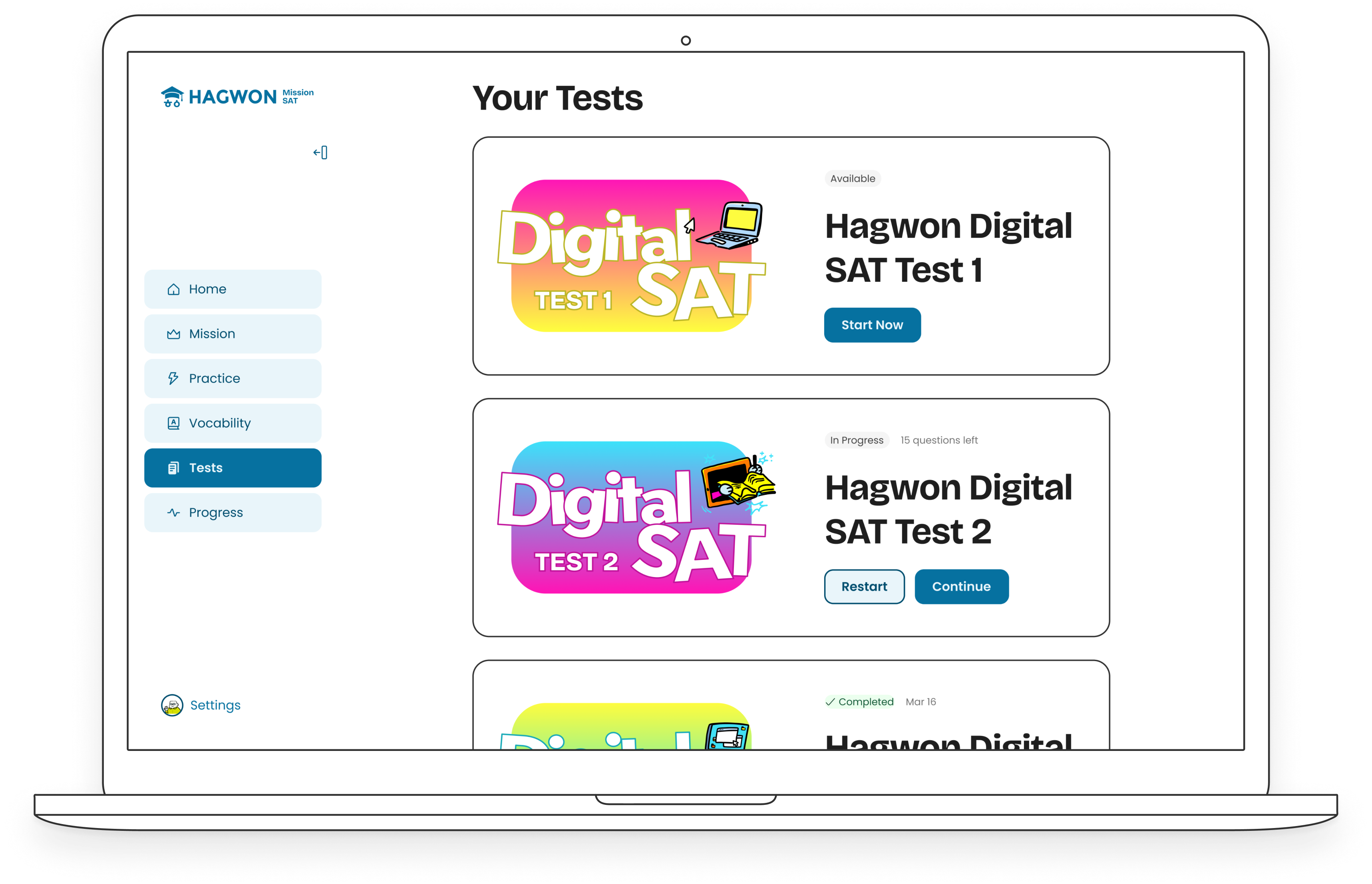 Illustration of a laptop showing a screenshot of the Hagwon Mission SAT dashboard in the Tests page, showing 3 Hagwon Digital SAT tests.