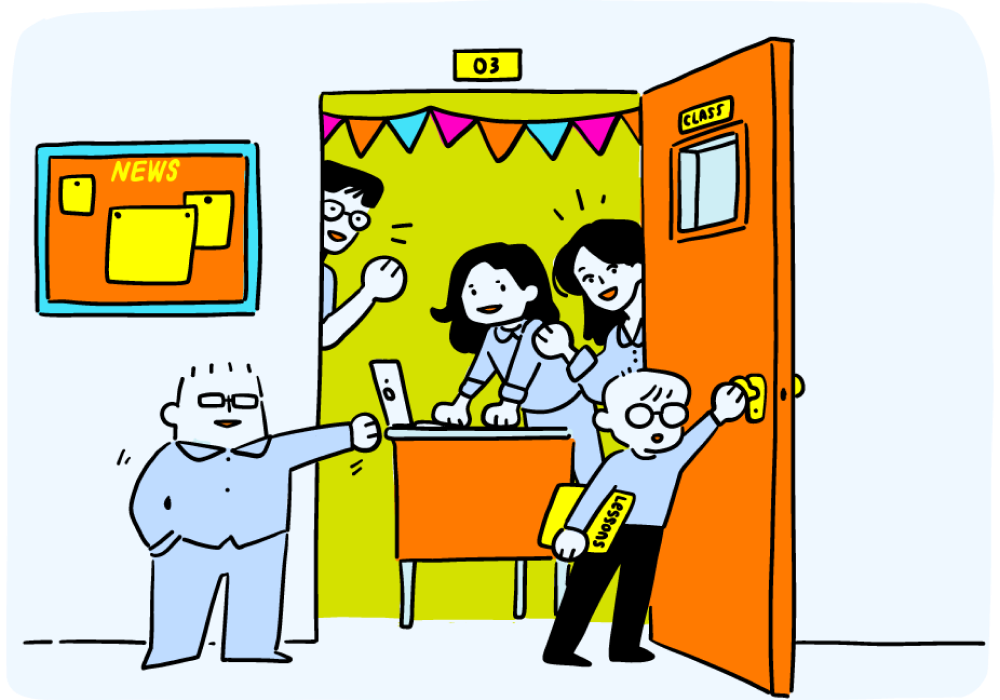 Illustration of Hagwon characters welcoming website users into a classroom
