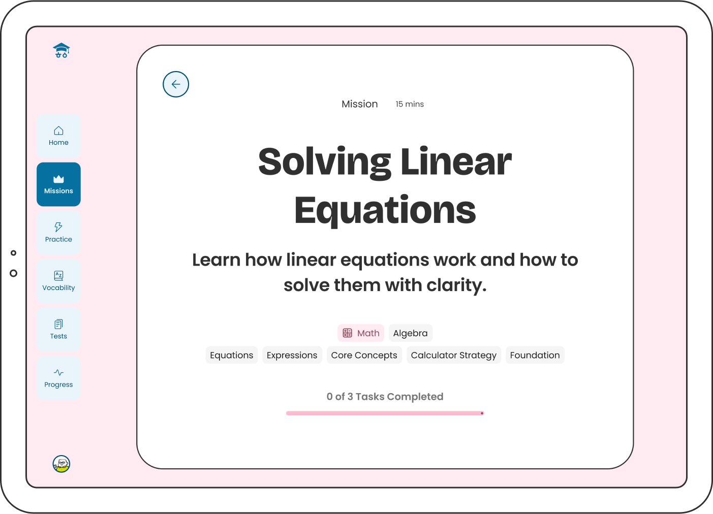 Illustration of a tablet device showing a screenshot of a Mission page titled Solving Linear Equations.
