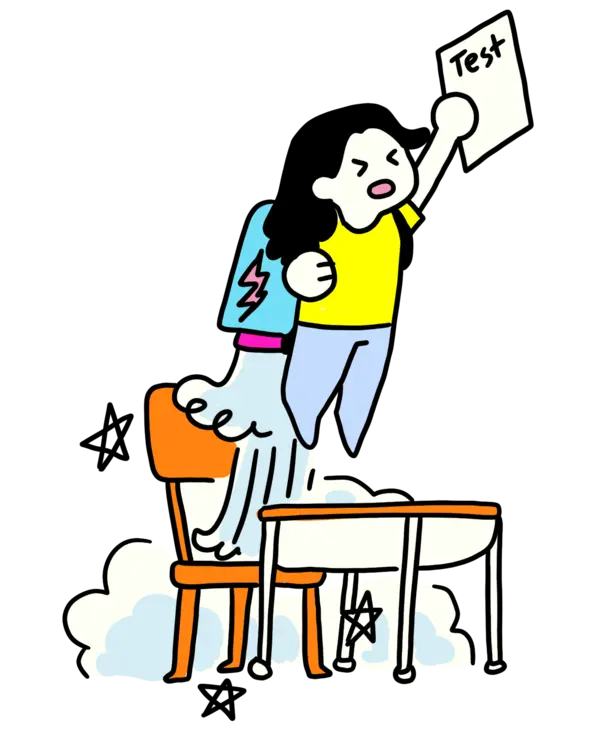 Illustration of a Hagwon character holding a test sheet celebrating with a jet pack on her back