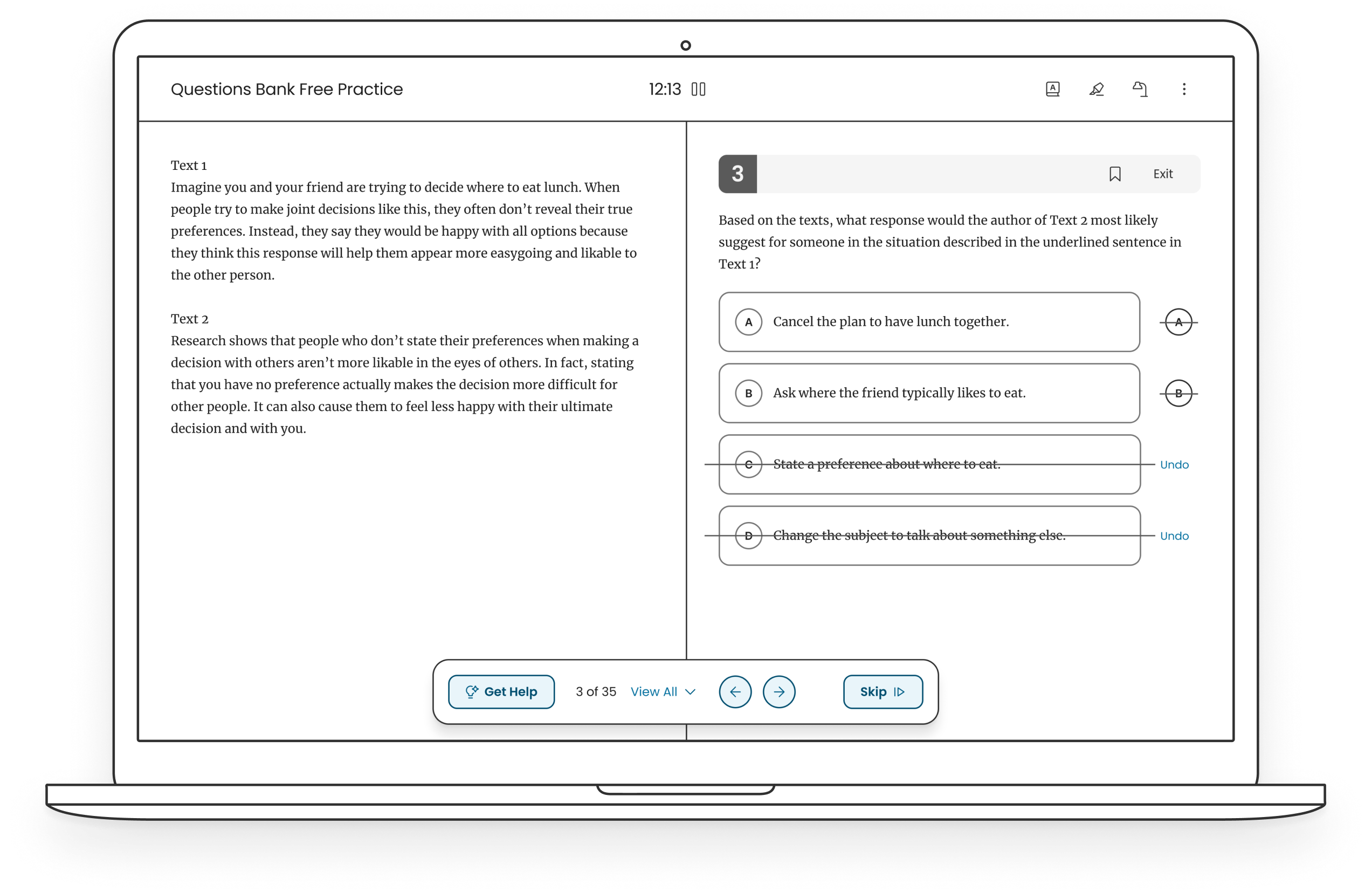 Laptop with a screenshot image of the Study page with the elimination mode set, crossing out 2 possible answers from a SAT question