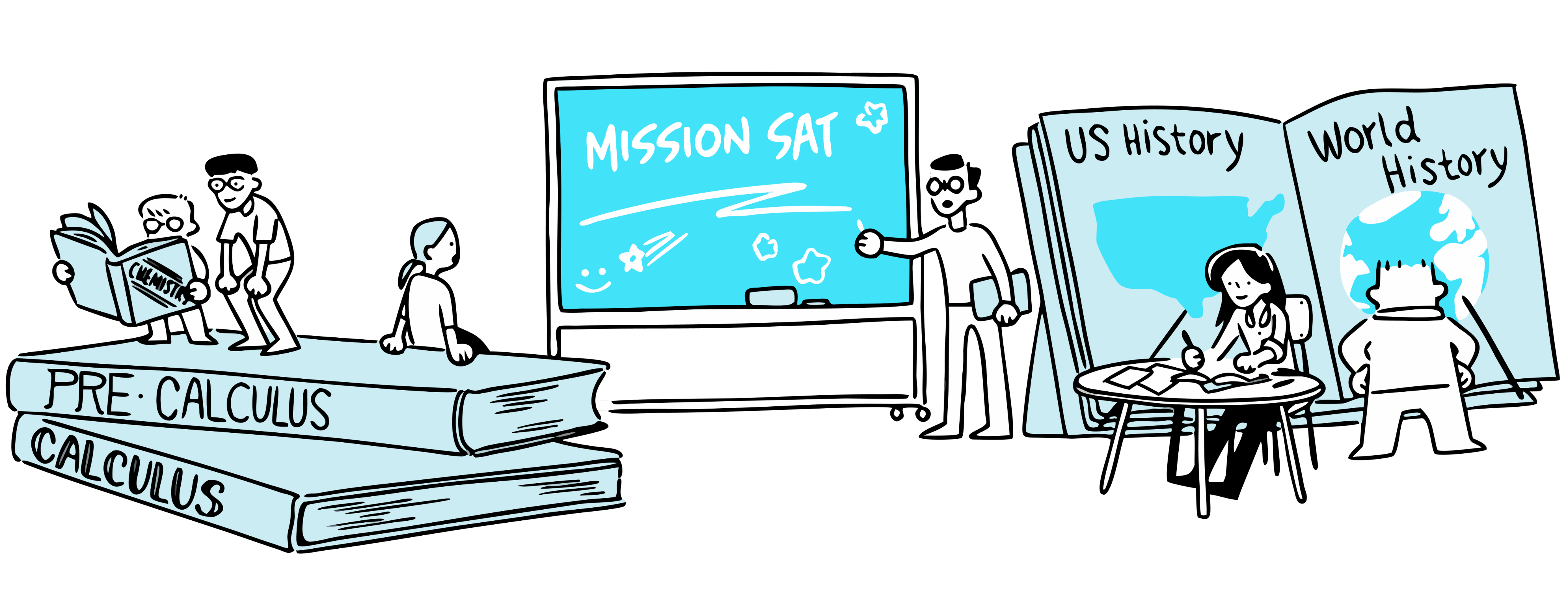 Illustration of Hagwon characters in a classroom environment with a central blackboard written Mission SAT in it.